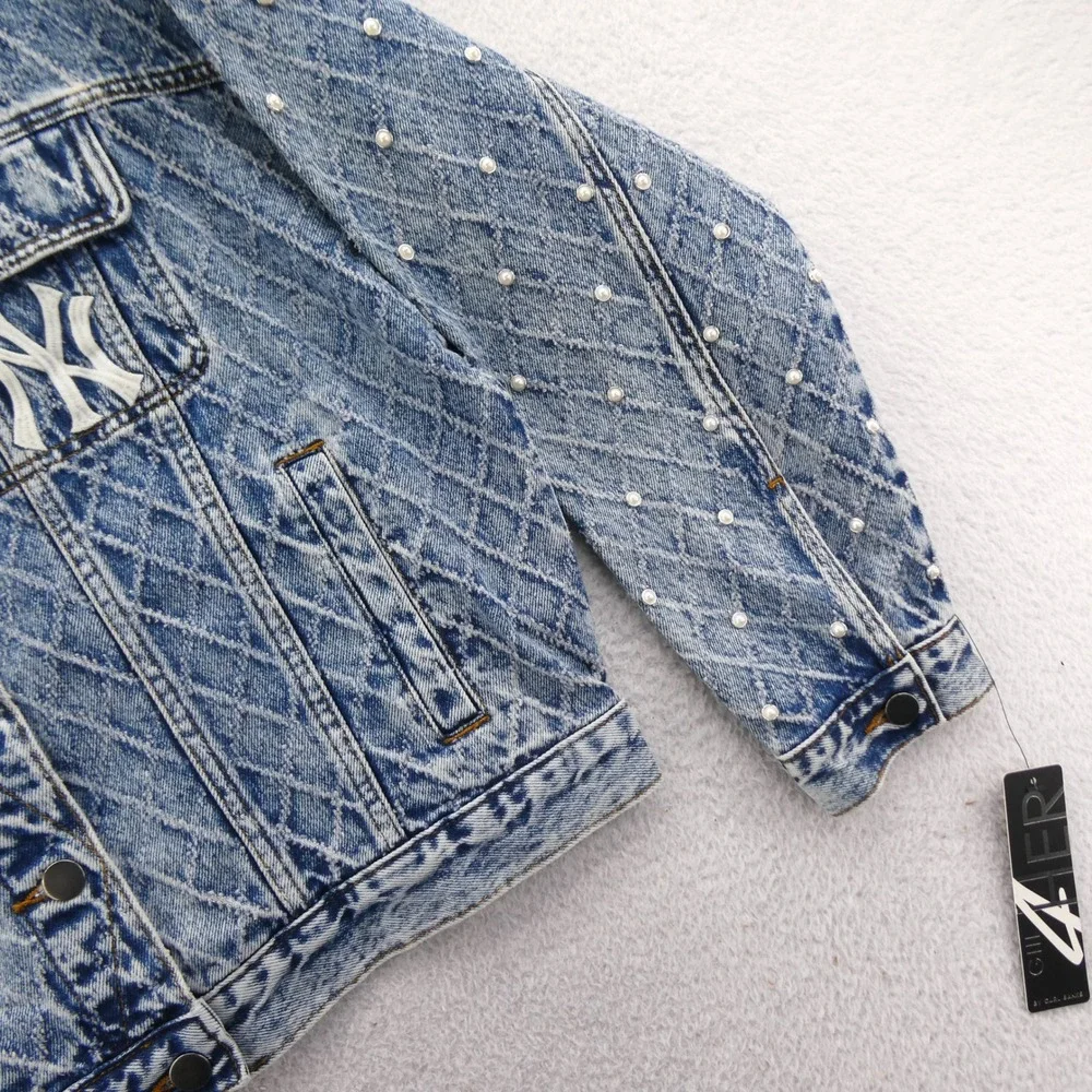 G-III Jacket Womens Medium New York Yankees Blue Pearl‎ Acid Wash Denim Jean